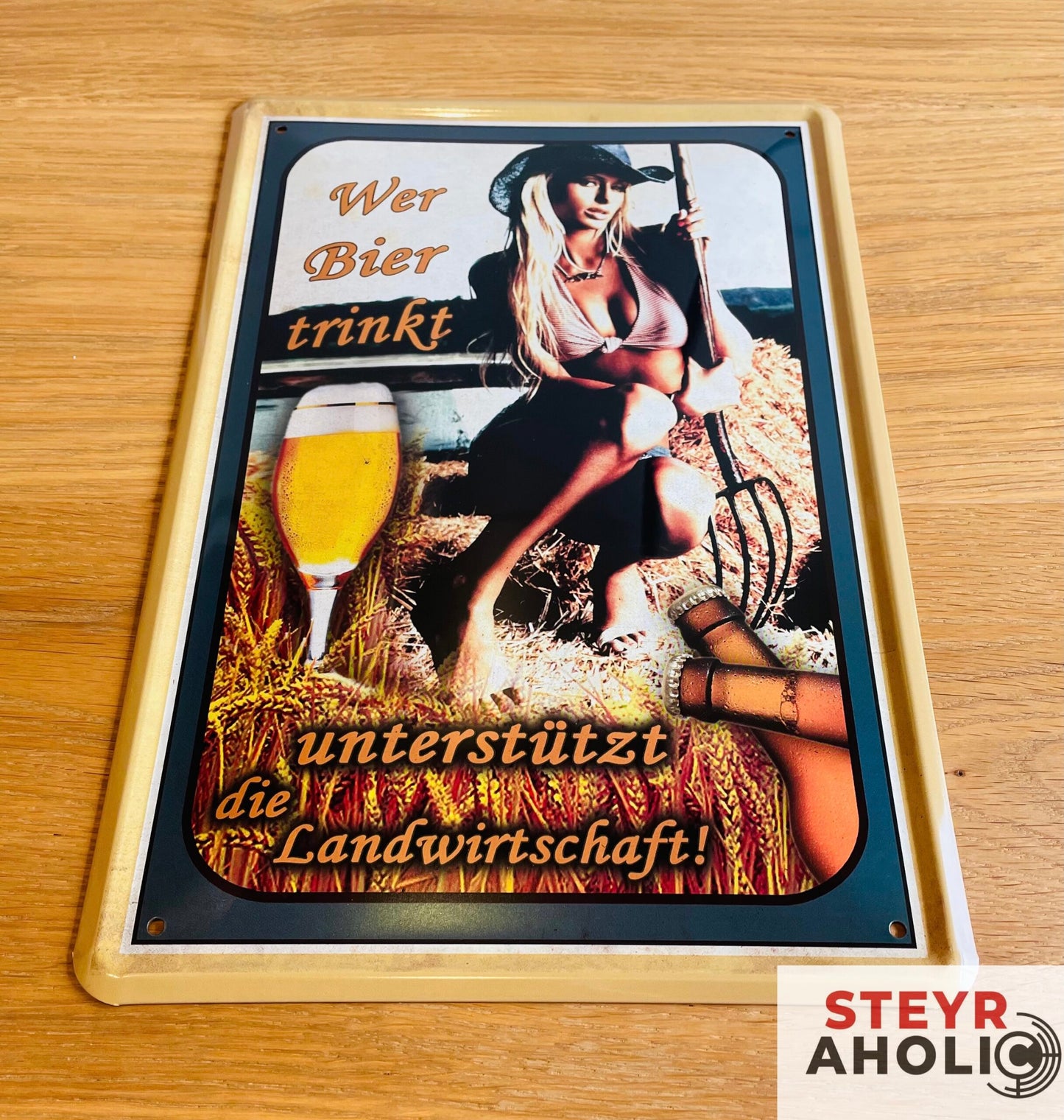 Blechschild "Wer Bier trinkt unterstützt die Landwirtschaft - Mistgabel"
